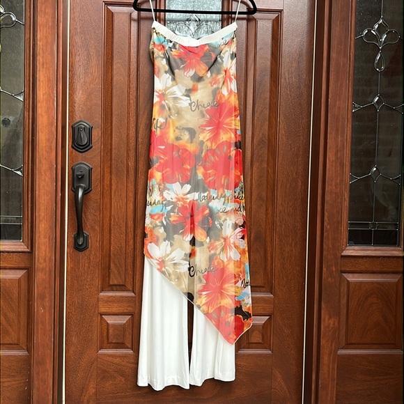 Cache Off White Straplesss Jumpsuit with Floral Print Mesh Overlay Sz XS - Picture 6 of 7